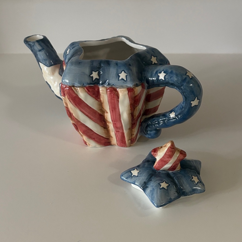 Patriotic Star Ceramic Teapot Décor - Blue & Red 7" - Picture 4 of 5